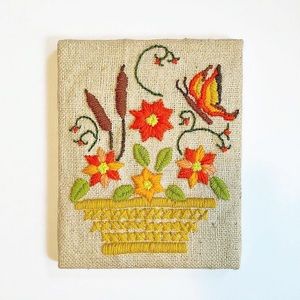 Framed Crewel Embroidery Flowers Butterfly Vintage Boho Fairycore Cottagecore